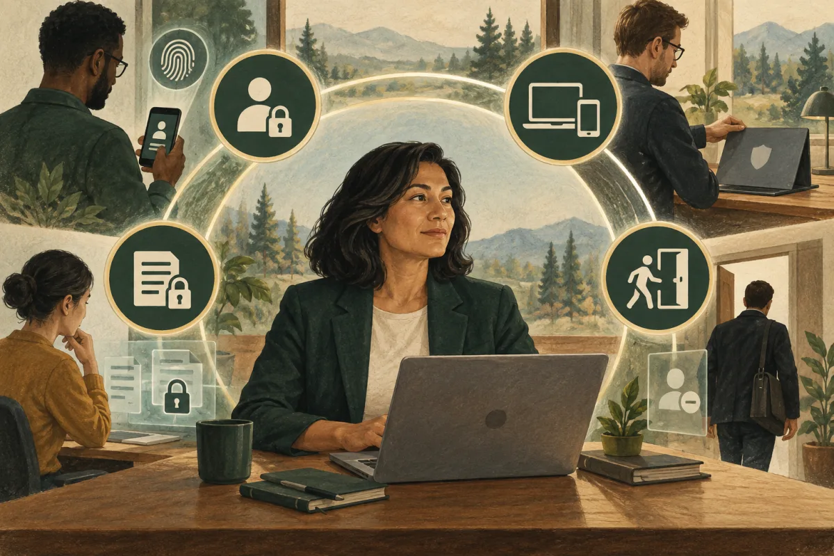 A remote leader works within controls for identity, devices, protected information, and access removal.