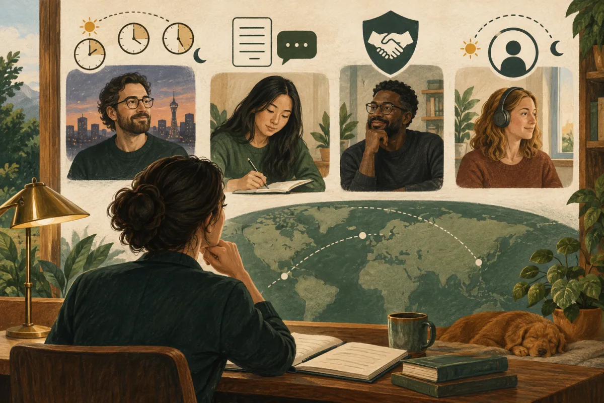 A hiring discussion considers time-zone overlap, written communication, trust, and working availability.