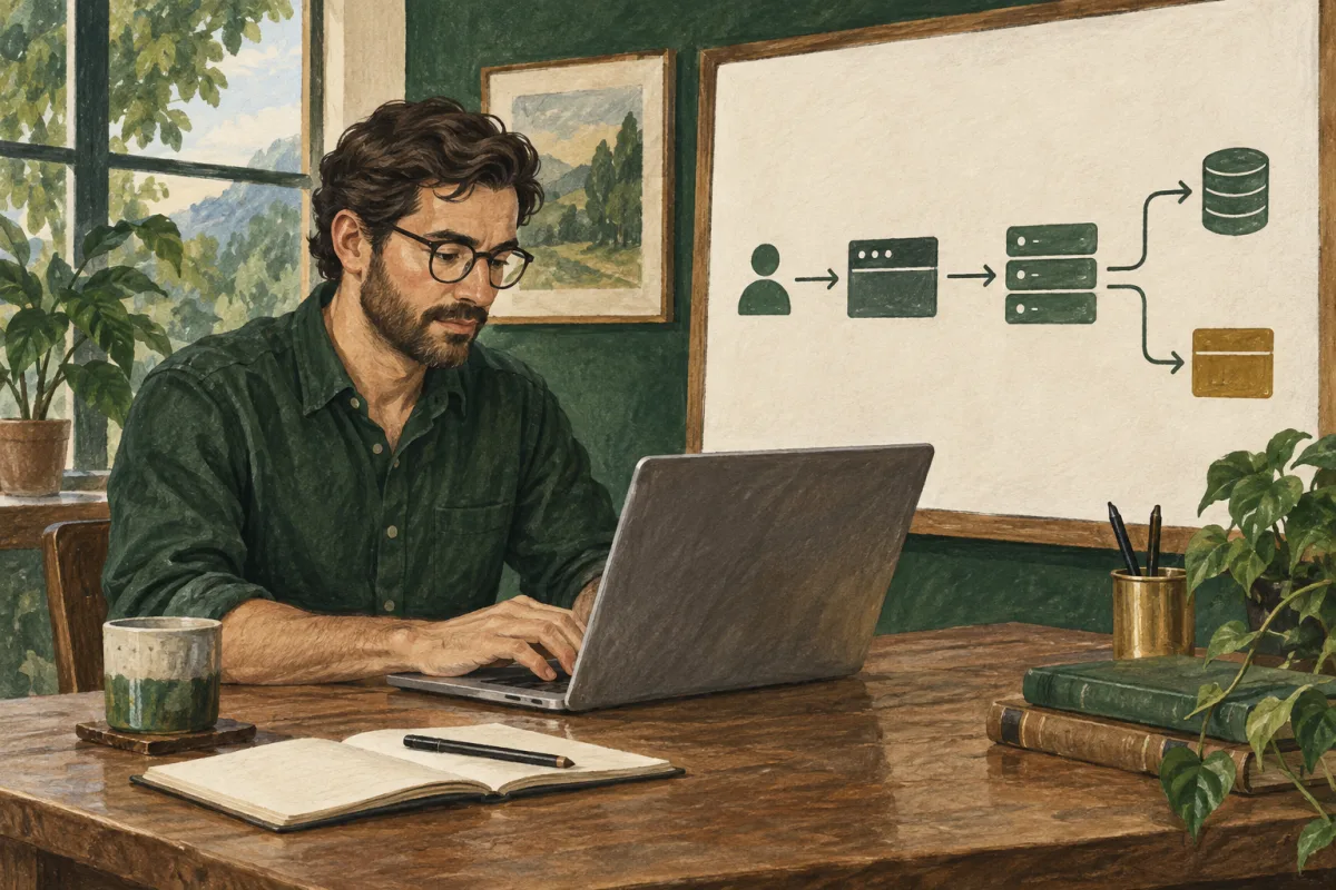 An engineer tracing a report request from a laptop to a planning board
