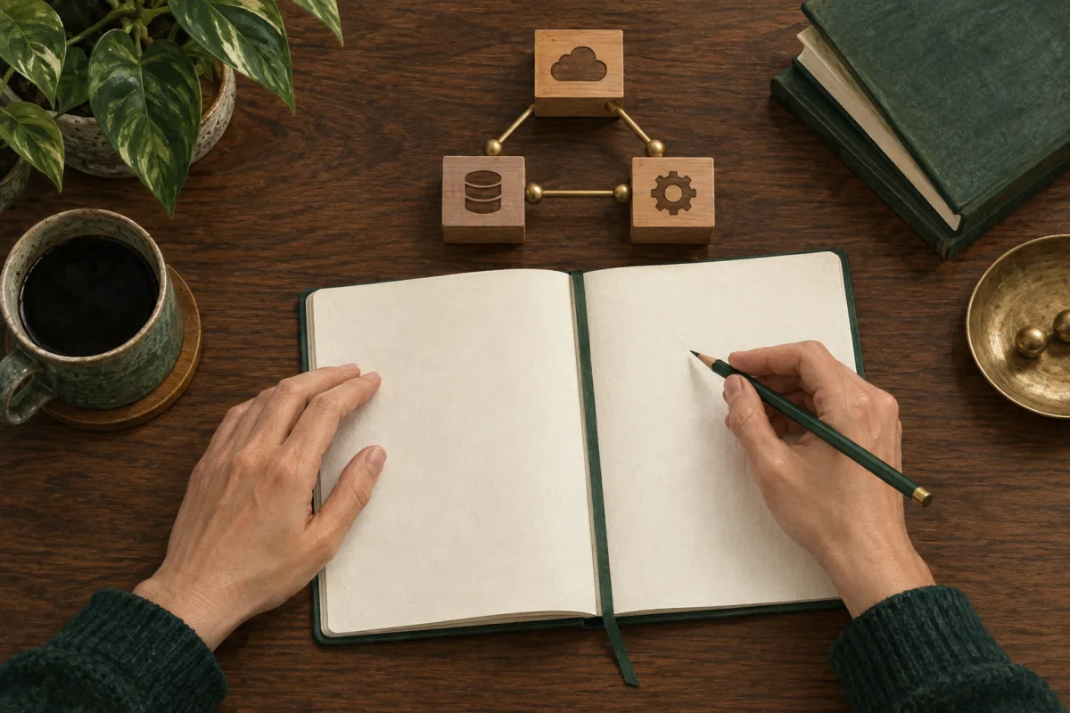 An open architecture decision notebook beside a model of connected components