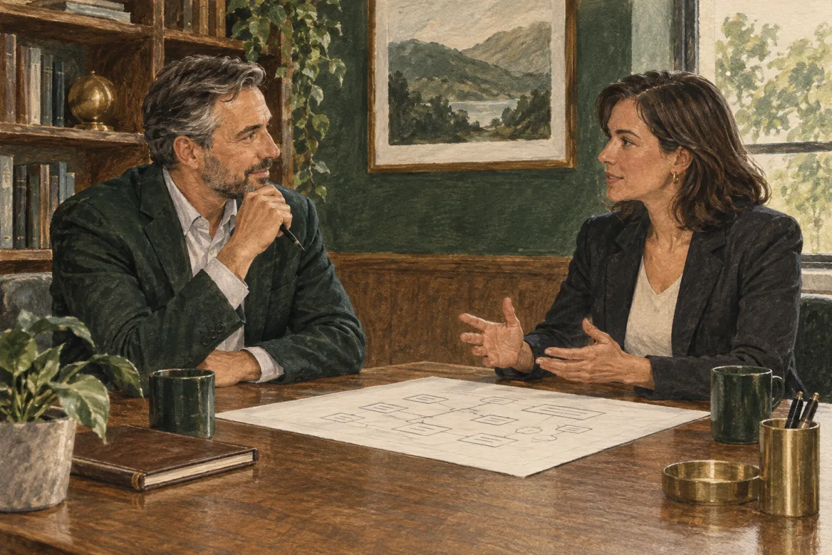 A founder interviewing a software architect over a technical brief
