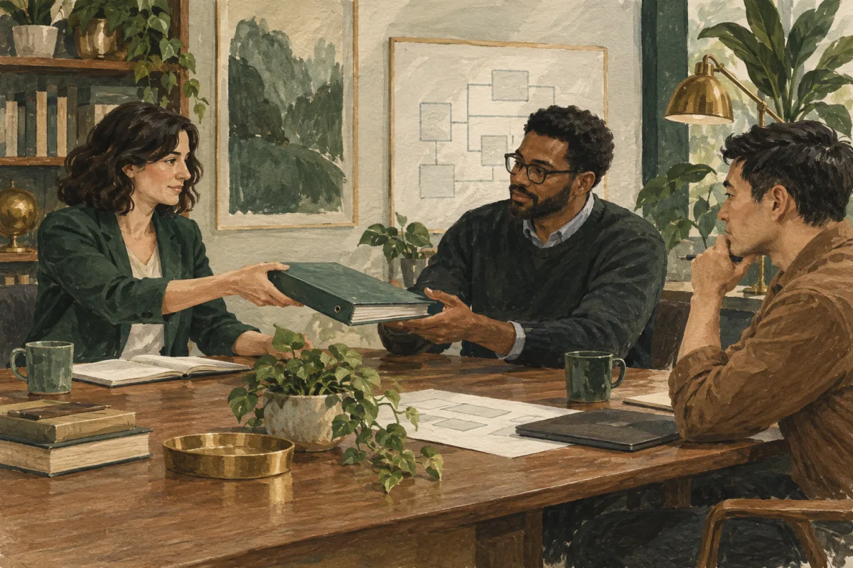 An architect handing review documents to the engineering team