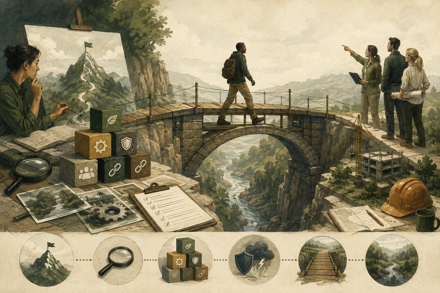 Investment team connecting a technology assessment to a practical post-acquisition plan, illustrated as a bridge.