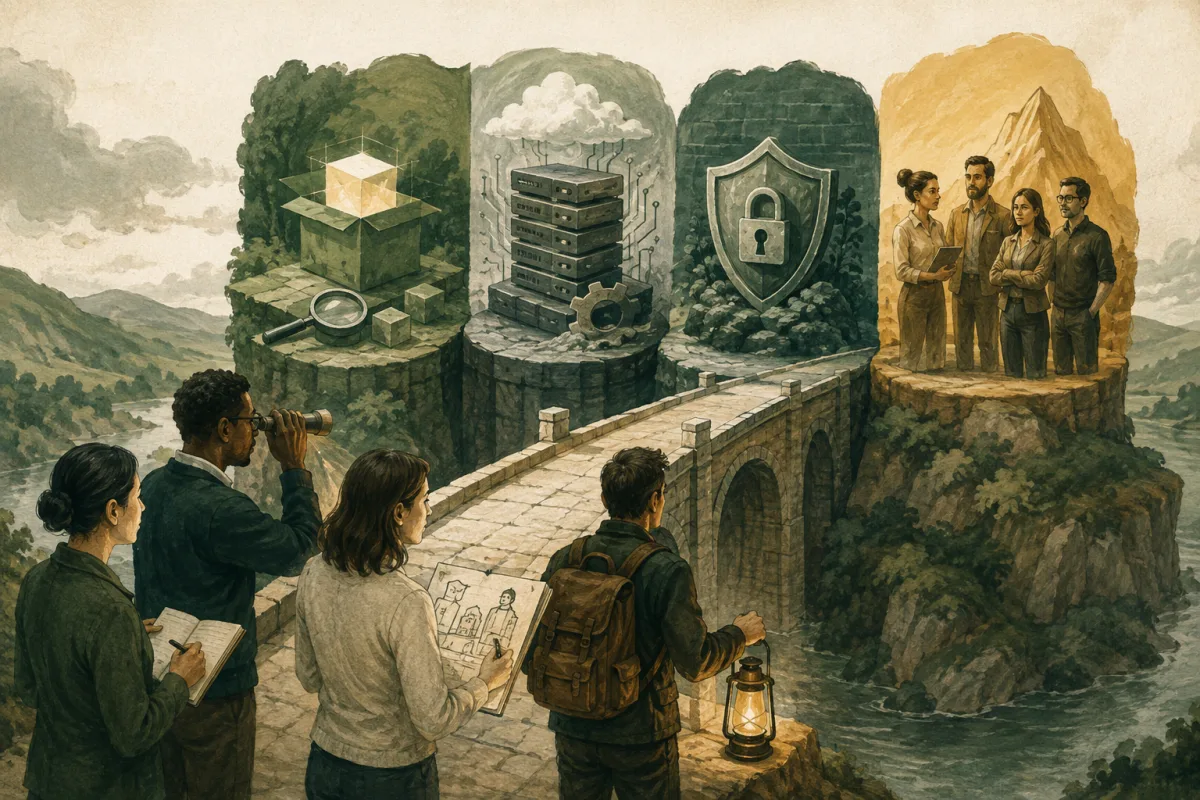 Four assessment areas represented by product, platform, security, and team, with an investor reviewing their connections.