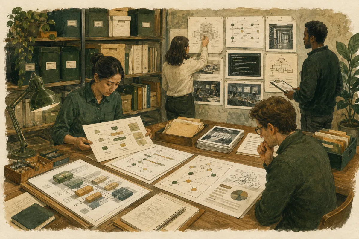 Assessors examining architecture diagrams, delivery records, operating evidence, and costs in an evidence room.