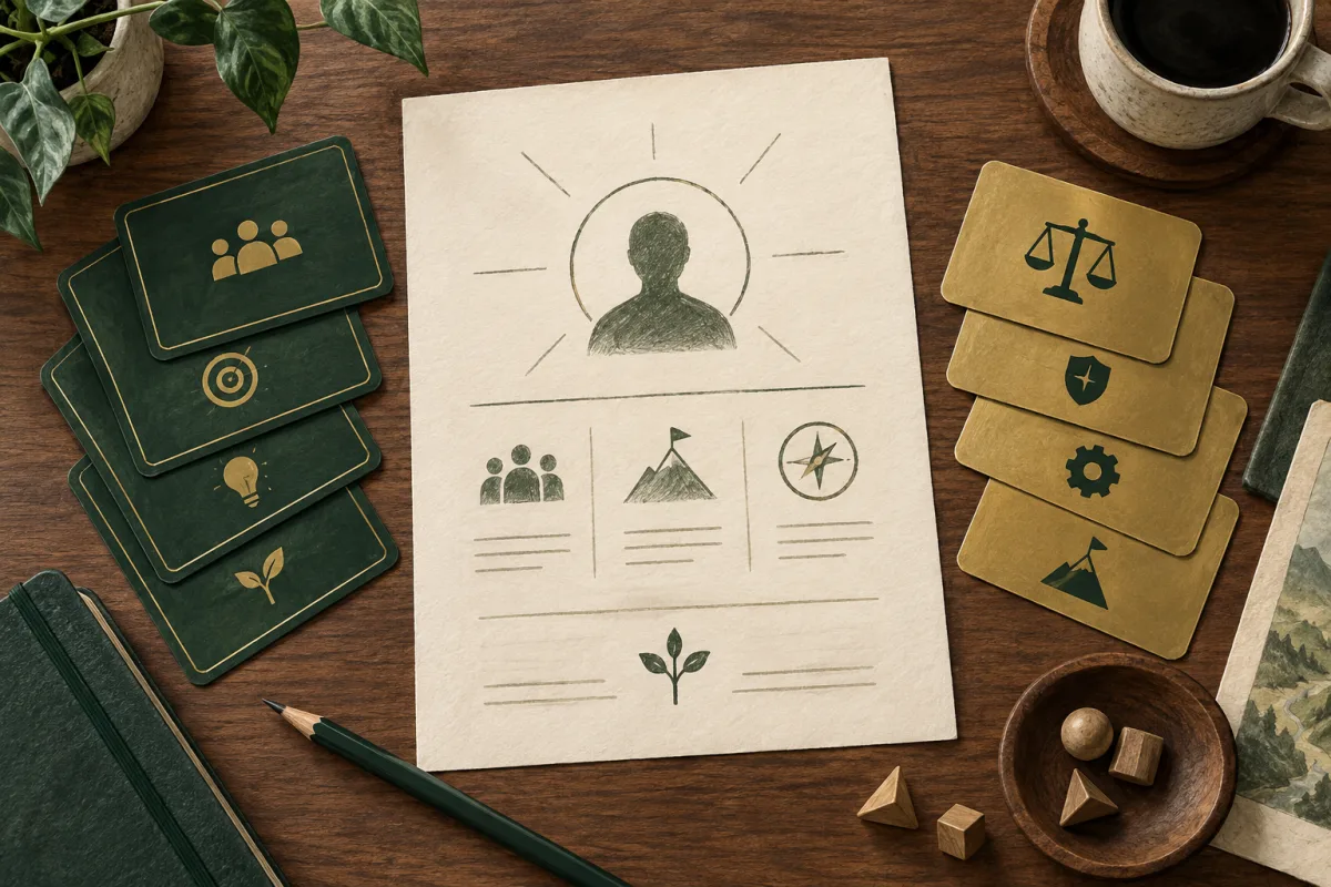 A role charter arranged beside separate decision and escalation cards