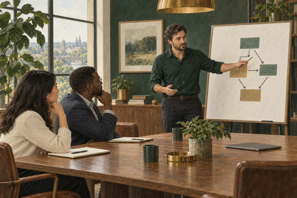 A technical lead explaining a dependency to business colleagues
