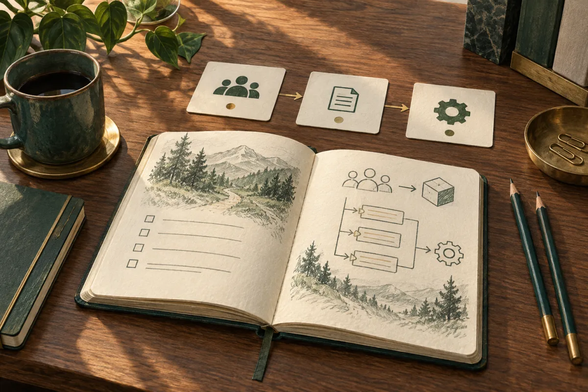 A handover notebook beside a shared engineering workflow