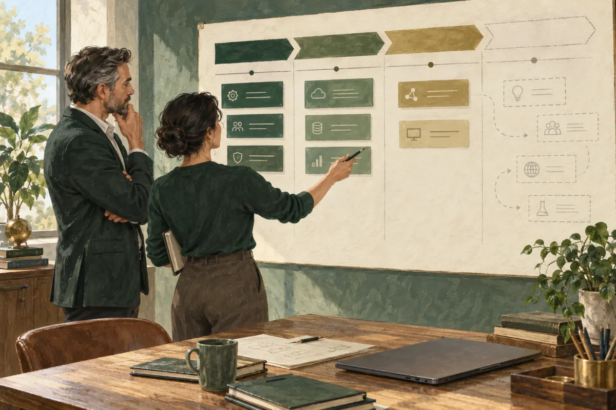 A sponsor and CTO reviewing uncertainty in a technology roadmap