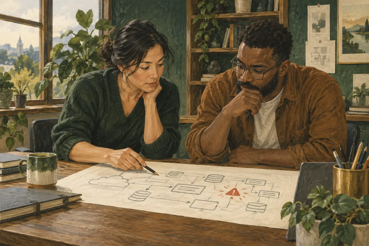An engineering manager and staff engineer reviewing a system diagram