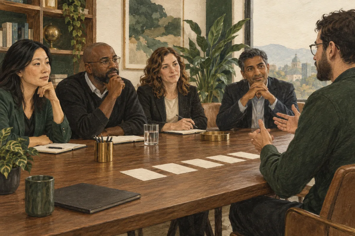 A candidate explaining an engineering decision to a hiring panel