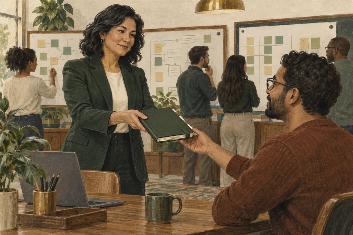 An engineering executive handing over an operating notebook