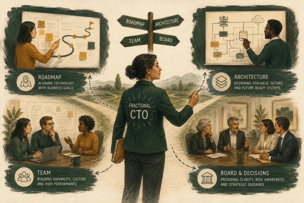 Four CTO responsibilities connect roadmap, architecture, engineering team, and board decisions.