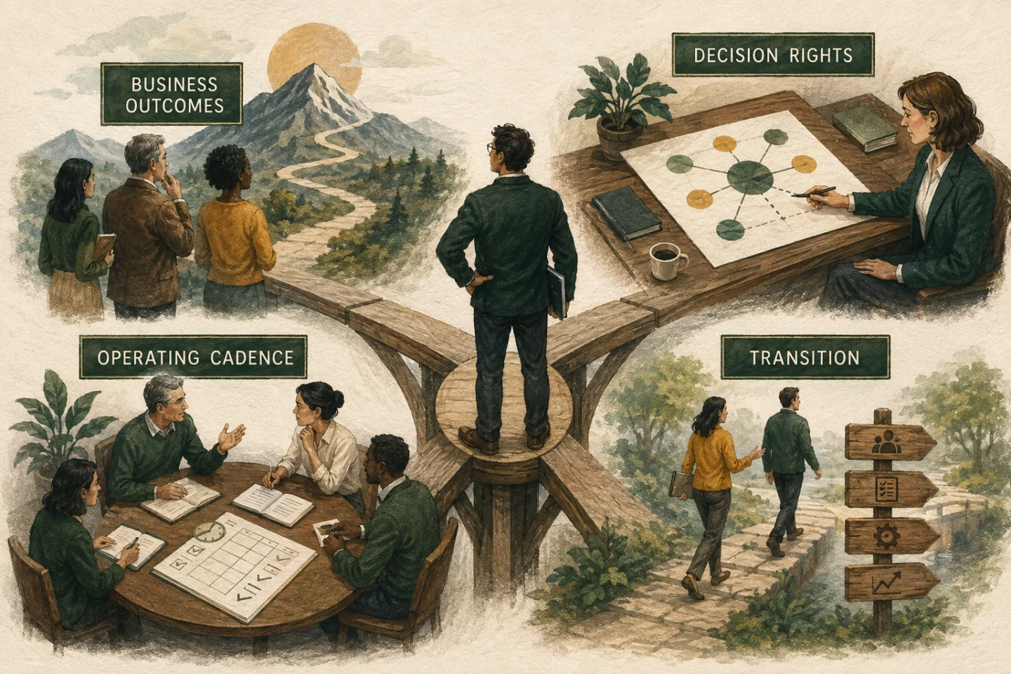 Fractional executive mandate connects business outcomes, decision rights, operating cadence, and transition.
