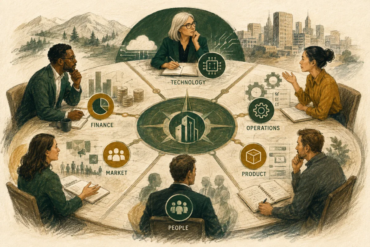 Six executive functions represent technology, finance, operations, market, people, and product.