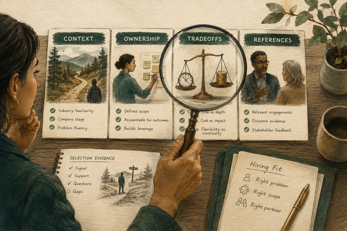 A reviewer examines context, ownership, tradeoffs, and references when selecting an executive.
