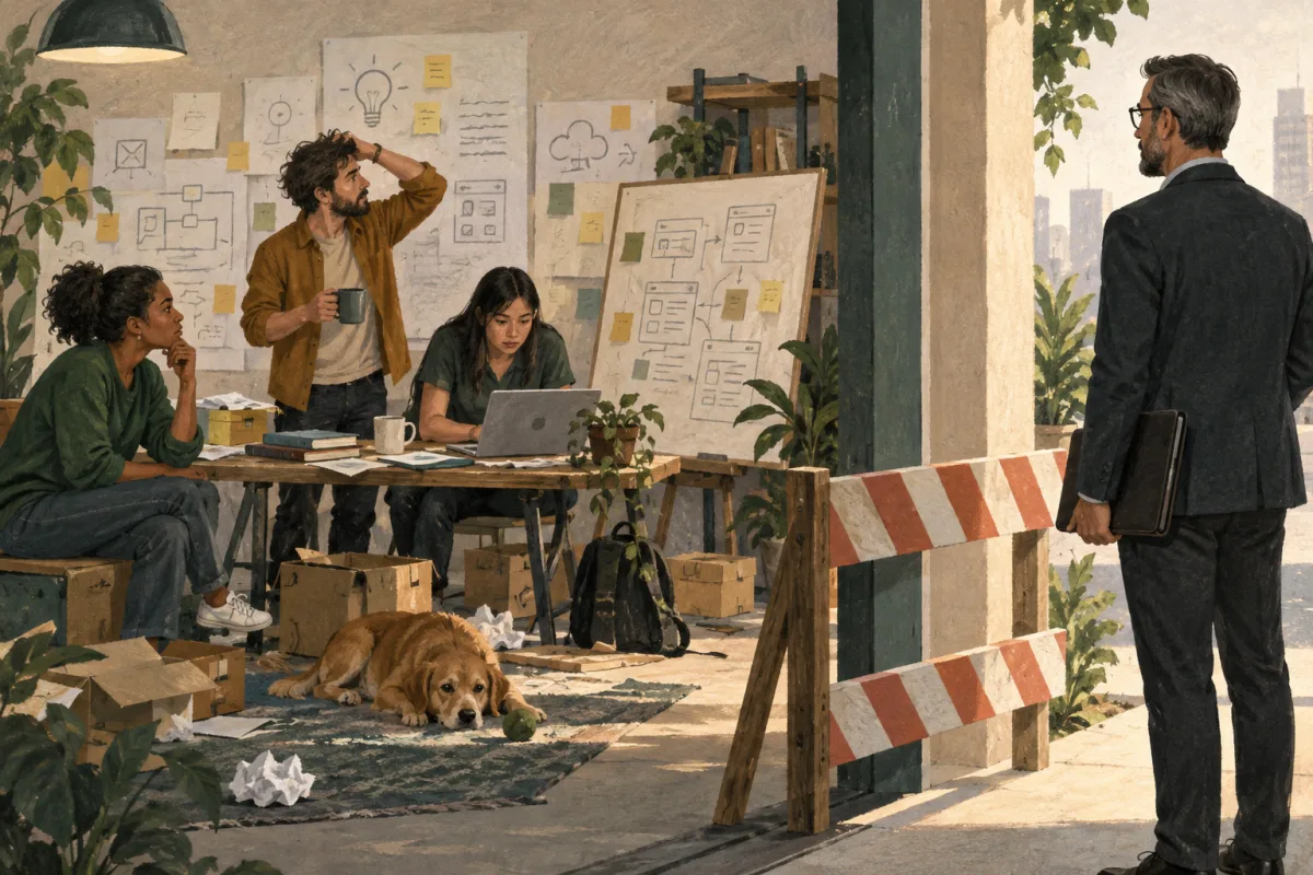 A technology executive pauses outside a team workspace that is not yet ready for an executive mandate.