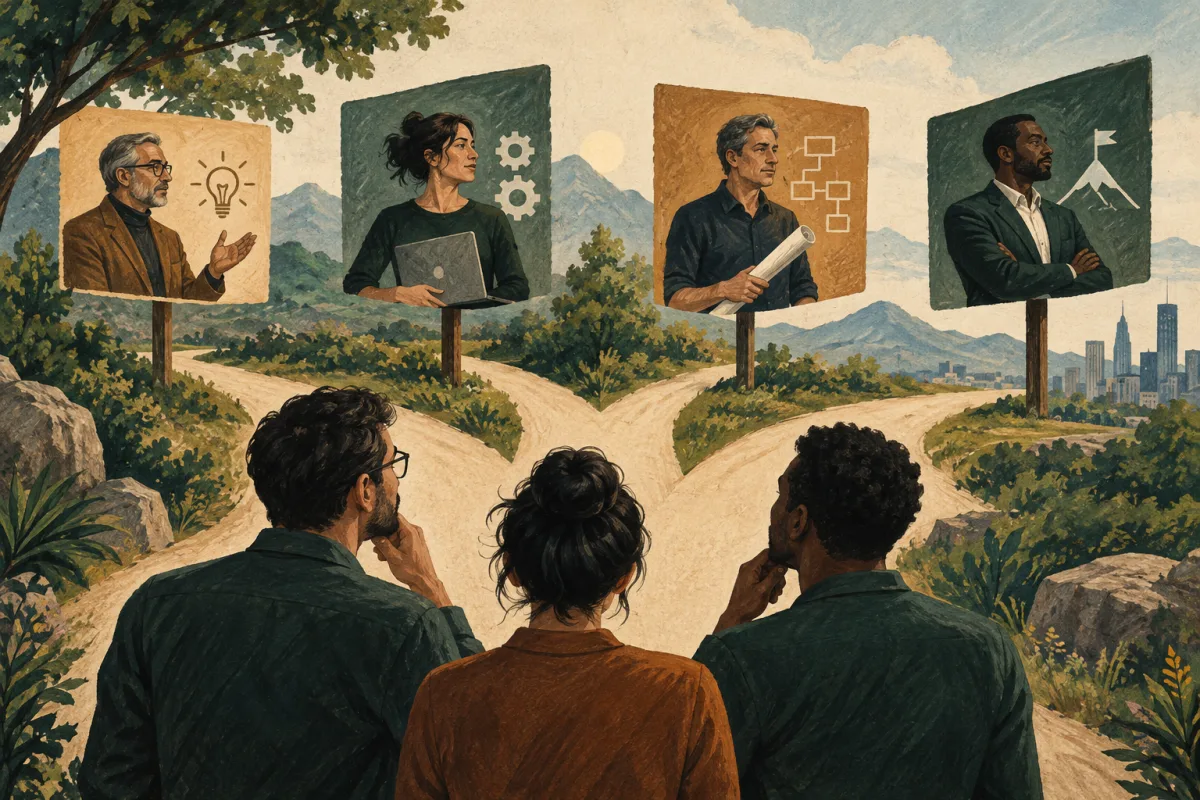 Founders compare four paths representing advisory, fractional, interim, and permanent technology leadership.